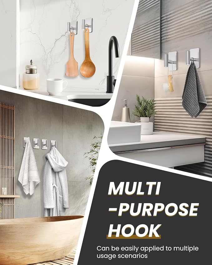 Heavy Duty Adhesive Hooks - 26lb Max, Sticky Wall Hooks Waterproof Stainless Steel for Hanging Towel, Coat, Robe, Towel Hooks Stick on Bathroom, Kitchen, Shower, Door (Silver, 2 Pack)