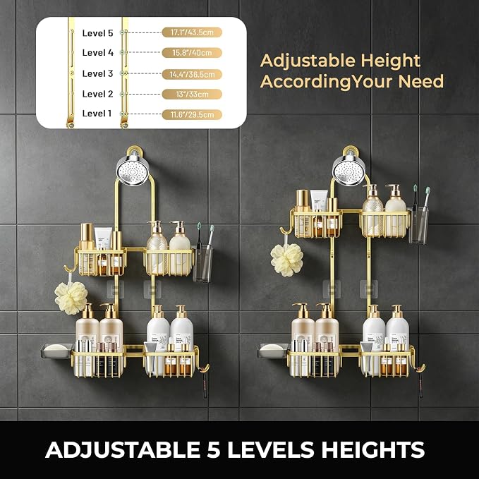 Adjustable Hanging Shower Caddy for Handheld Showerhead, Rustproof Aluminum Over Shower Head Organizer, Renter-Friendly No-Swing Storage for Tall Bottles & Soap, 2-Tier, Gold