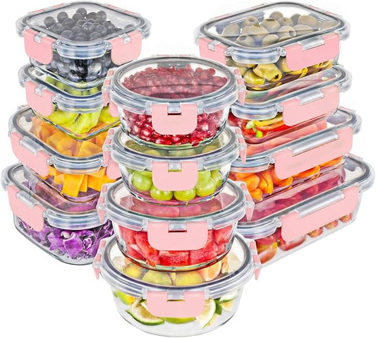 Magic Mill Premium Borosilicate Glass Food Storage Containers with lids Set | 24pc Sets with 12 Bowls & 12 Airtight Locking Lids for Lunch & Meal Prep, Safe for Oven, Freezer, Dishwasher, BPA-Free
