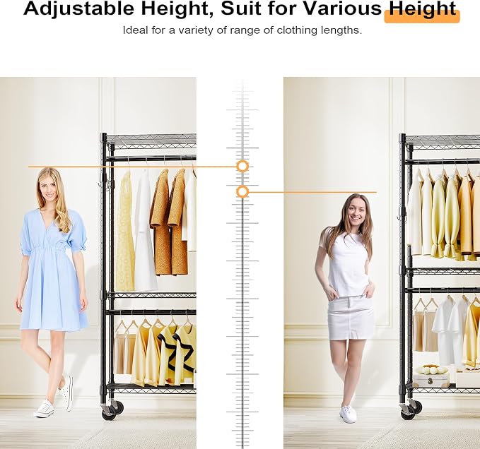 M MZG Heavy Duty Rolling Garment Rack 3 Tiers Adjustable Wire Shelving Clothes Rack with 2 Rods and Side Hooks,Storage Closet Clothing Rack with Wheels Black 15.7" D x 29.5" W x 74.5" H