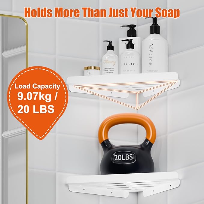 Fikoksol Shower Caddy Storage, Triangle Corner Shelf with Adhesive Glue | Metal Bathroom Shelf Storage, Adhesive or Screw Wall Mounted Corner Shower Rack, White Rustproof Bath Organizer Accessory