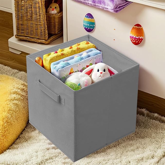 PowerKing Collapsible Storage Cubes, Farbic Storage Bins, Grey, 2 Pack | Sturdy, Lightweight, Easy Pull Handle, Closet & Shelf Organizer, Clothes and Toys Storage, 10.5'' x 11'' x 10.5''