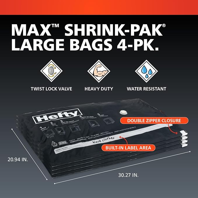 Hefty MAX Shrink-Pak Vacuum Seal Storage Bags for Clothing, Travel, Bedding | Tear & Water Resistant, Dual-Valve Space Saver Compression Bags - Large, 4-Pack