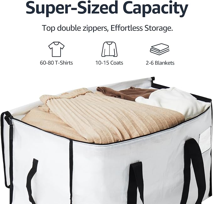 Moving Bags Heavy Duty Extra Large, Moving Boxes, Moving Supplies Essentials, Blue Storage Bins with Lids, Plastic Packing Totes, Storage Bags for Clothes with Handles & Zippers(White, 6 Pack)