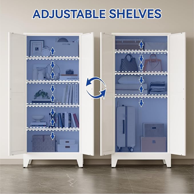 COFaR 71'' Tall Metal Storage Cabinet, Farmhouse Kitchen Pantry Cabinet with Doors and 4 Adjustable Shelves, White Metal Cabinets for Kitchen, Bathroom, Laundry, Garage, 5-Tier