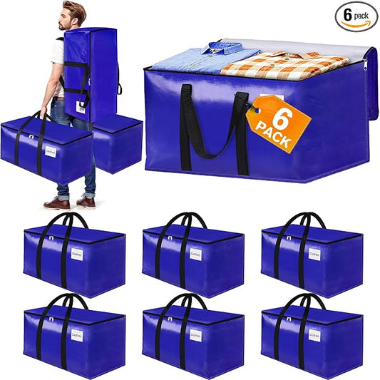 6-Pack Moving Bags with Backpack Straps & Carry Handles, 30 Gallons-125 L Heavy Duty Storage Totes for Space Saving, Foldable Storage Bags for College Dorm, Travel, Camping (Blue)