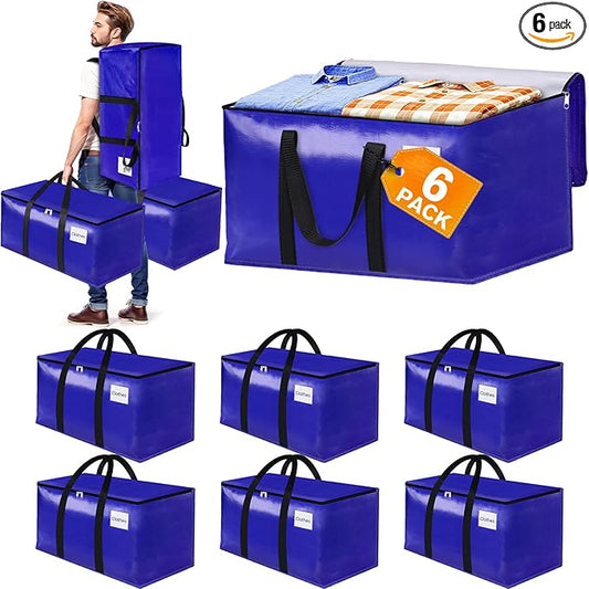 6-Pack Moving Bags with Backpack Straps & Carry Handles, 20 Gallons-76 L Heavy Duty Storage Totes for Space Saving, Foldable Storage Bags for College Dorm, Travel, Camping (Blue)