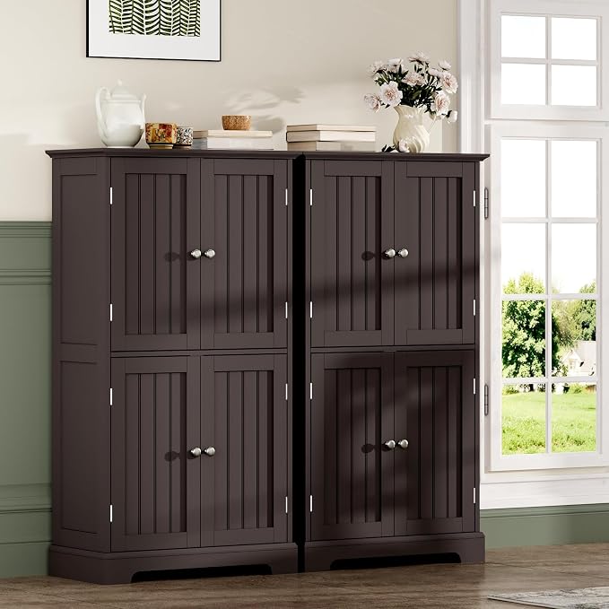 ChooChoo Bathroom Floor Cabinet with Adjustable Shelves | Bathroom Storage Cabinet, 4 Doors, Freestanding Cupboard for Living Room, Espresso