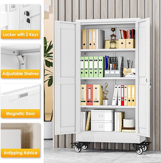 PAOFIN Metal Garage Storage Cabinet with Wheels,Steel File Cabinets with 2 Doors and 3 Adjustable Shelves for Home Office, Warehouse, Required Assembly,White