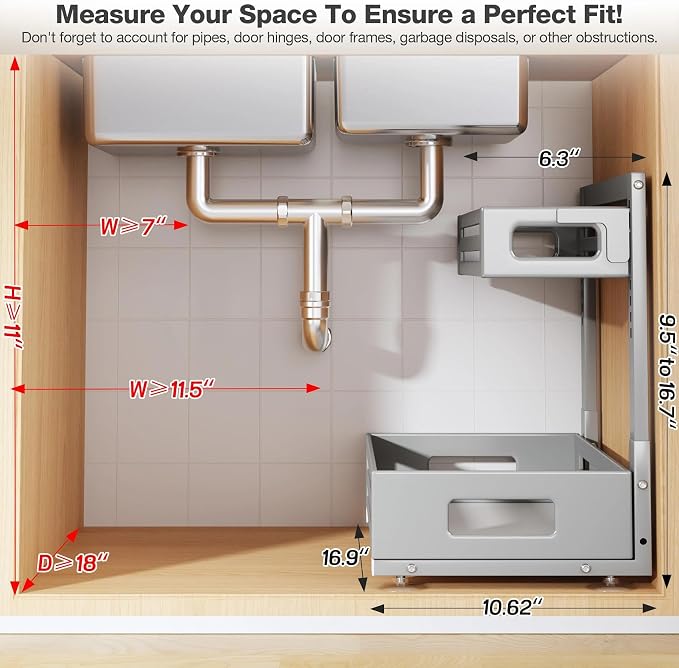 2 Pack 17IN-Depth Under Sink Organizer,Pull Out Cabinet Organizer With Smooth Cylindrical Rail,Metal Slide Out Drawer for Kitchen Bathroom Laundry,8-Level Tool Free Height Adjustable-Gun Gray