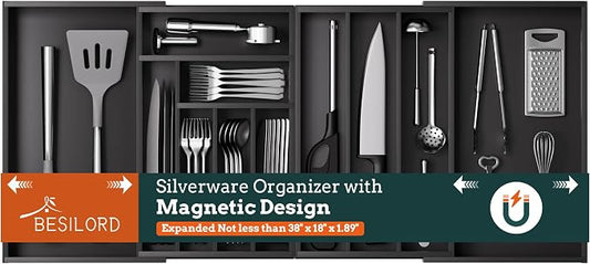 Silverware Organizer Large, Magnetic Connected Expandable 11 Slots Silverware Drawer Organizer from 21 to 37.4 Inches, Adjustable Flatware and Cutlery Holder, Bamboo Utensil Tray for Kitchen Black