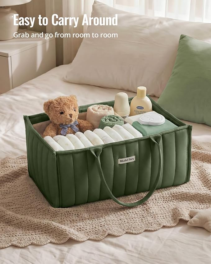 Blissful Diary Baby Diaper Caddy Organizer, Stylish Storage Basket for Newborn Essentials and Diaper Station, Gift for Baby Shower and Registry Must-Have, Deep Green