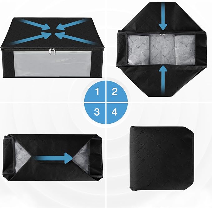HomeHacks 4-Pack Clothes Organizer Storage Bags, 35L Storage Bins, Black | Foldable Storage Box Container with Zippers, Clear Window, Reinforced Handles for Closet, Dorm, Pillows, Bedding, Sweater