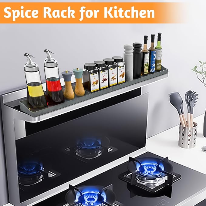 Magnetic Stove Shelf for Back of Stove, 30 Inch Silicone Stove Top Spice Rack for Kitchen Organization, Heat Resistant Over the Stove Shelf with 6 Powerful Magnets, Fits Flat & Curved Stoves- Grey