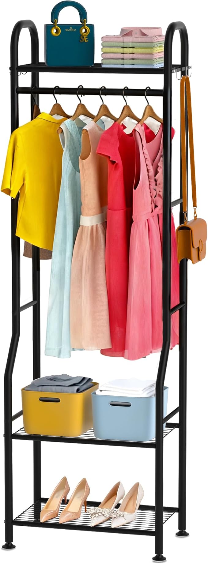 GloTika Narrow Clothes Rack - Clothing Rack with 3 Tier Metal Shelves, 71.9 Inch Tall Garment Rack with 8 Hooks, Freestanding Closet Organizer with Adjustable Leveling Feet for Small Space (Black)