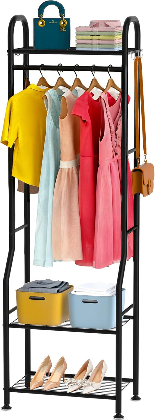 GloTika Narrow Clothes Rack - Clothing Rack with 3 Tier Metal Shelves, 71.9 Inch Tall Garment Rack with 8 Hooks, Freestanding Closet Organizer with Adjustable Leveling Feet for Small Space (Black)