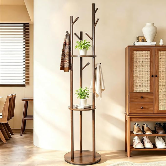 360° Rotating Wooden Coat Rack,9 Hooks & 3 Shelves Walnut Entryway Coat Tree Garment Stand for Hat Scarf Handbag