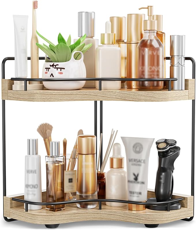 2-Tier Corner Bathroom Counter Organizer, Larger Size | Embedded Screw Holes, Sturdy & Stable, Oversized, Holds More, Vanity Shelf for Makeup & Skincare, ‎‎Light Walnut