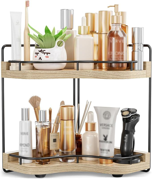2-Tier Corner Bathroom Counter Organizer, Larger Size | Embedded Screw Holes, Sturdy & Stable, Oversized, Holds More, Vanity Shelf for Makeup & Skincare, ‎‎Light Walnut