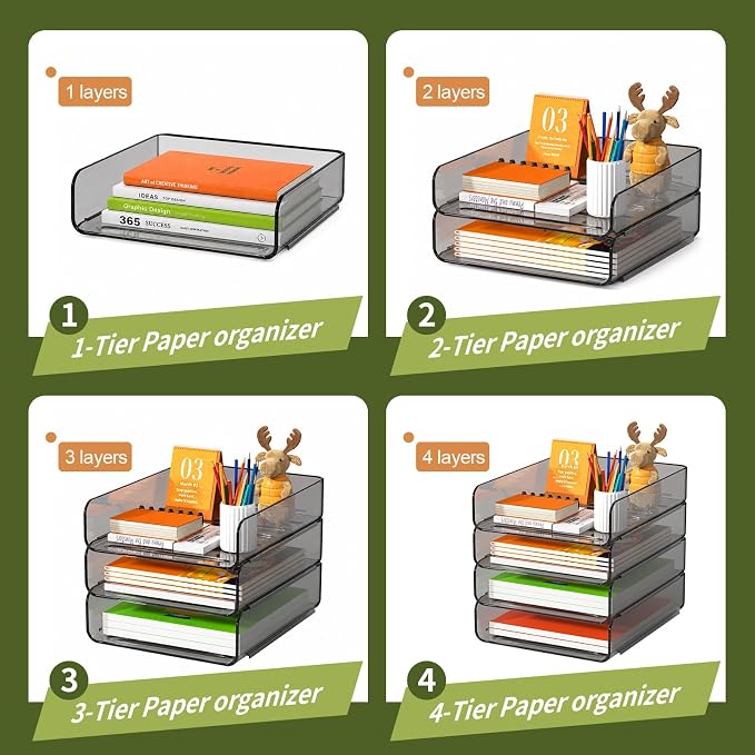FANXIYQ 4-Tier Acrylic Paper Tray Organizer, Brown Office Paper Organizer | Stackable, Tool-Free Design with 2-4 Tiers for A4 Paper, Files, Books and Mail; Ideal for School, Home Office and Study Room