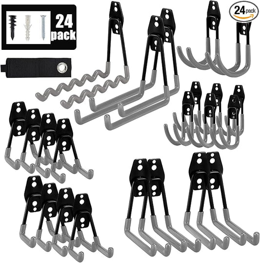 AOBEN 24PCS Garage Hooks, Heavy Duty Double Garage Hanger Organizer Wall Mount Iron Anti-Slip Garage Storage Hooks for Ladder, Power Tool,Bike,Ropes（23 Hooks & 1 hoder Strap-Gray