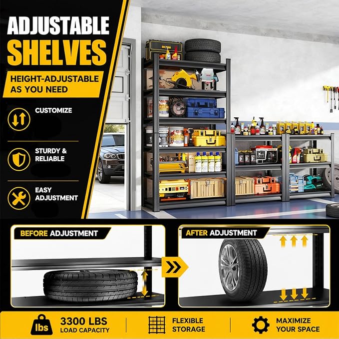 Garage Shelving, 3300 LBS Storage Shelves 63''H×45.28''W×16''D | 5-Tier Garage Storage Shelves,Adjustable Industrial Shelves with Thickened Double-Layer Posts for Garage