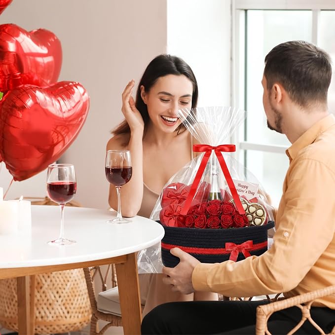 Colingmill 1 Set Woven Empty Basket for Gift,Black Red | with Cellophane Wrap Set, 14 x 10 x 5.5 Inch, Medium Decorative Gift Basket, Cotton Rope Storage Box, Home Decor