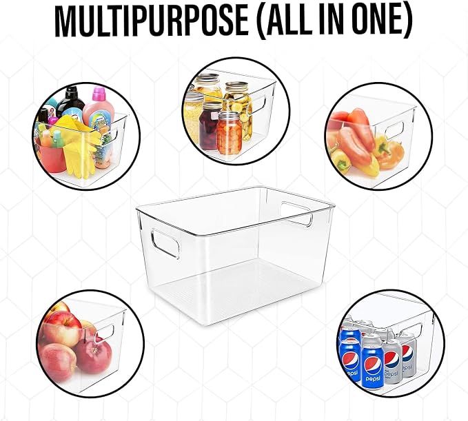 Clear Plastic Storage Bins, Perfect for Kitchen Organization or Pantry Organization and Storage, Laundry Room, Fridge, Freezer Organizer Plastic Storage Containers for Organizing, Cabinet Organizers