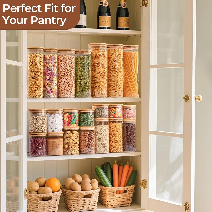 ComSaf Pasta Containers Storage 2 Qt, Spaghetti Container, 3 Pack Glass Jar | 11.3-inch Tall Glass Canisters, Glass Storage Containers wtih Lids 70oz, Noodles, Cereal, Kitchen Dry Food Storage, BPA Free