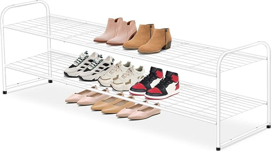 AOODA Long 2 Tier Shoe Rack for Closet Metal Wide Stackable Shoe Storage Organizer for Entryway, Bedroom, Floor, 18-Pairs Low Sneaker Shelf, White