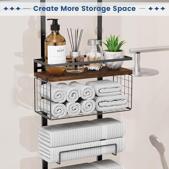 Aetyord Towel Racks for Bathroom Over The Door Towel Racks Towel Storage Organizer with Metal Shelf Basket for Bathroom Rv Camper (9-Tier Black with Brown Plank)