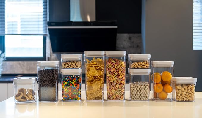 Amazon Basics Airtight Food Storage Containers, BPA Free, Dishwasher Safe, with Twist/Turn Lids, for Kitchen Pantry Organization, 10-Piece Square Set, Clear Plastic