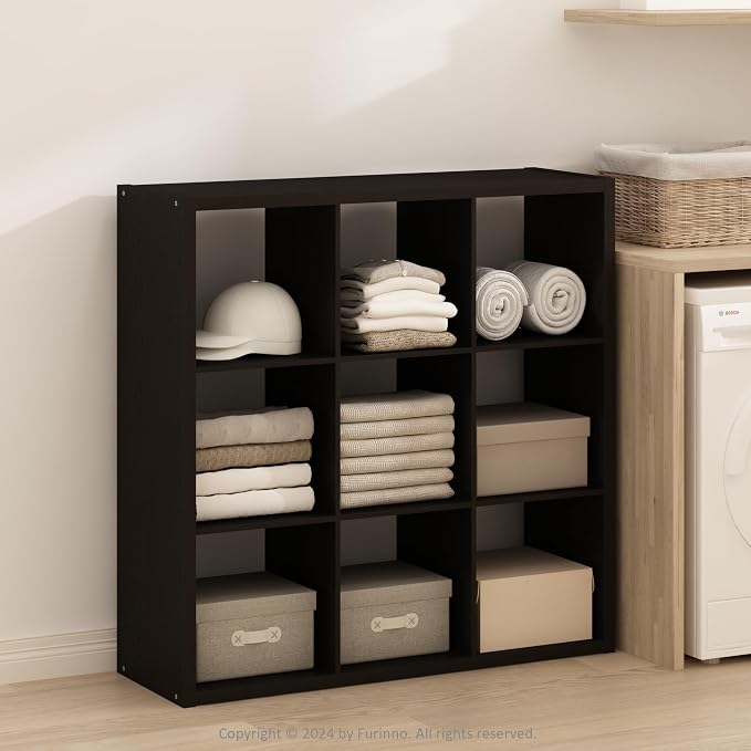 Furinno Simple 9-Cube Storage Organizer, Display Shelf, Dark Oak | Extra Thick Frame, Open Back Shelving Unit, Storage Shelves, for Organization and Storage, Living Room, Home Office