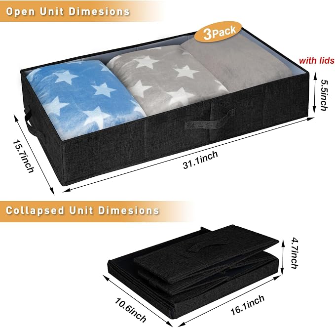 punemi 6 in Tall Stackable Under Bed Storage Containers, 3 Pack, Black | Drawer Organizers Box with Sturdy 3 Handles, Clothes Drawer Organizers, for Under Crib, Couch & Closet Storage