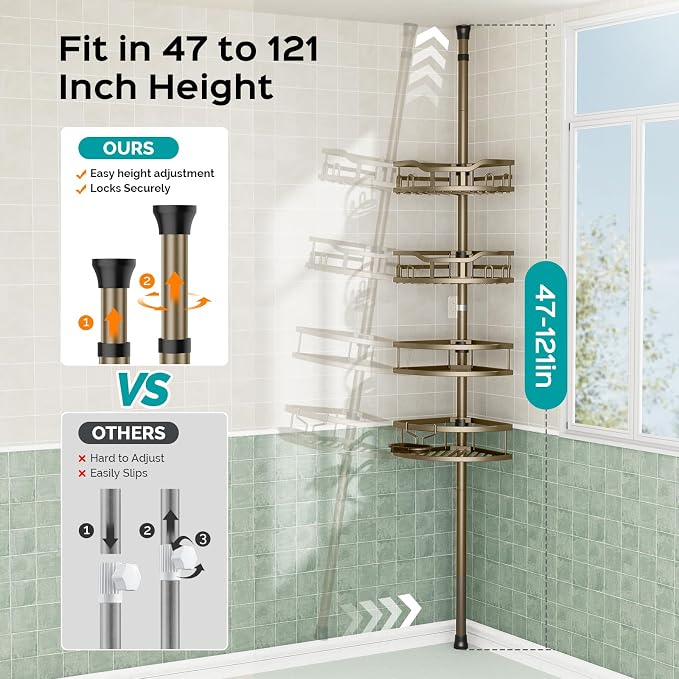 HAMITOR Corner Shower Caddy Tension Pole: Rustproof 4-Tier Bathroom Organizer Shelves for Bathtub Shampoo Storage - 47-121 Inch Quick Install Adjustable Rod Standing Rack with Soap Rack -Tan Khaki