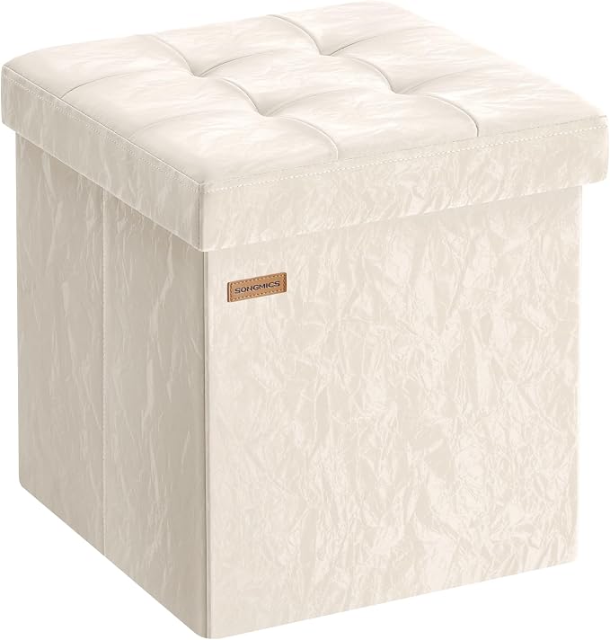 SONGMICS Storage Ottoman, Textured PU Leather Footstool, Foldable Footrest with Cushion, for Living Room and Bedroom, 15 x 15 x 15 Inch, White, Minota Collection ULSF522WD01