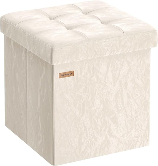 SONGMICS Storage Ottoman, Textured PU Leather Footstool, Foldable Footrest with Cushion, for Living Room and Bedroom, 15 x 15 x 15 Inch, White, Minota Collection ULSF522WD01