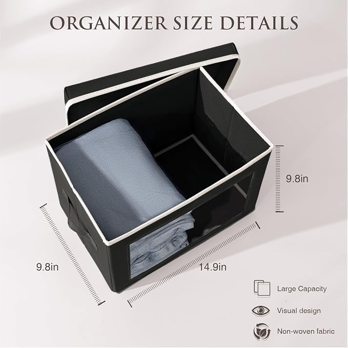 Homsorout Stackable Storage Bins with Lids - Medium Storage Box with Lids, Foldable Closet Boxes for Organizing, Wardrobe Clothes Organizer with Window, Cubes Bins for Living Room, 5 Pack, Black