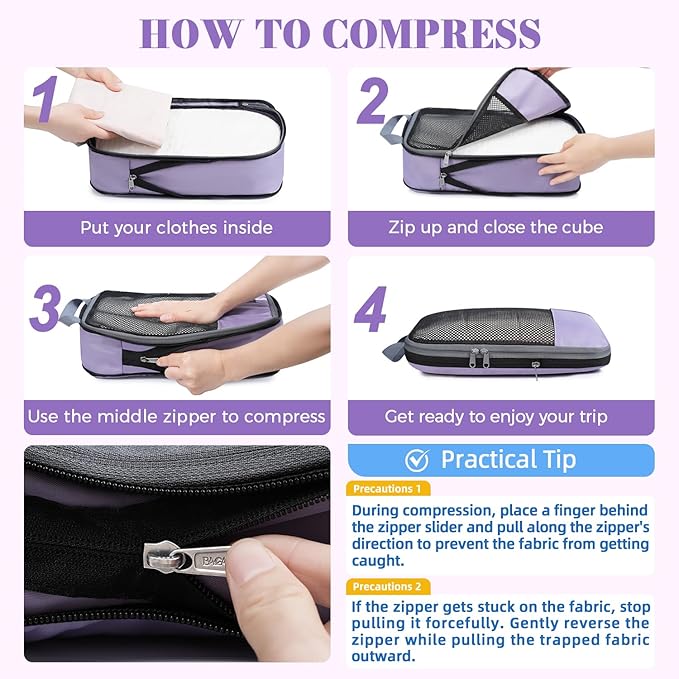 BAGAIL 4 Set/6 Set/8 Set Compression Packing Cubes Travel Accessories Expandable Packing Organizers(HalfMesh,8-Dusty Purple)
