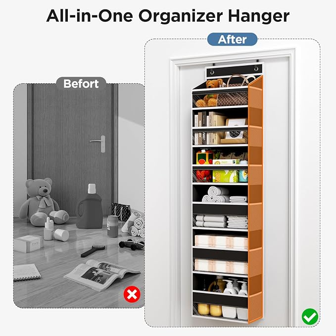 Over The Door Organizer 6 Tiers, Behind The Door Storage Hanging Shelves | Heavy Duty Hanging Organizer Storage with Large Capacity Pockets for Closet Wall Bathroom Bedroom Nursery Pantry, 1 Black
