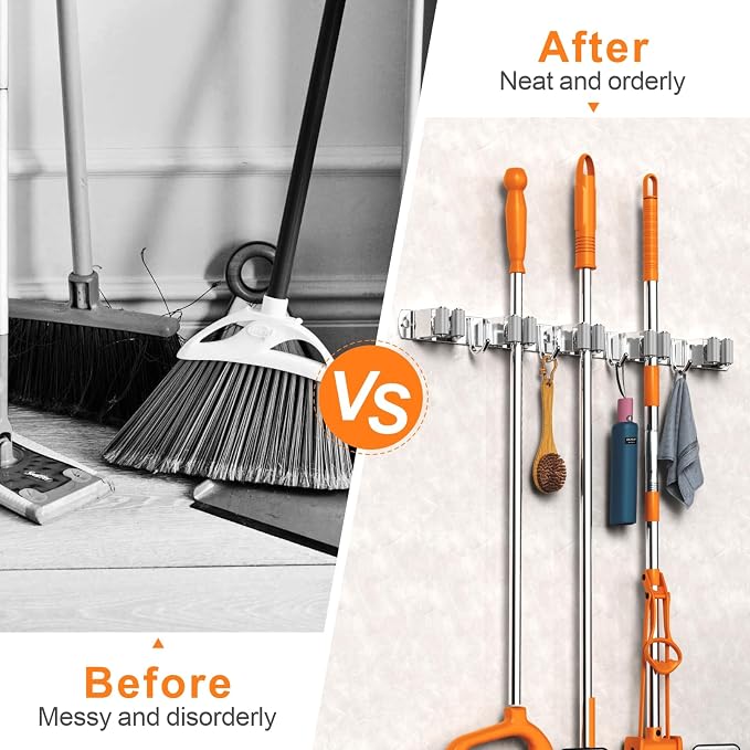 CUXIXA Broom and Mop Organizer Wall Hanging, Upgraded Mop and Broom Holder Wall Mount, Stainless Steel Broom Hanger Wall Mount for Laundry Room Organization and Storage（5 Racks with 4 Hooks）