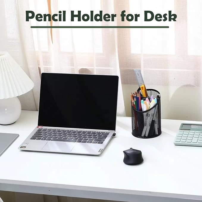 MINDEPOT 2 Pack Pencil Holder Pen Cup for Desk Round Pen Organizer | Mesh Black Pen Holder, Duty Metal, 3 Compartments, Desk Organizer for Home School