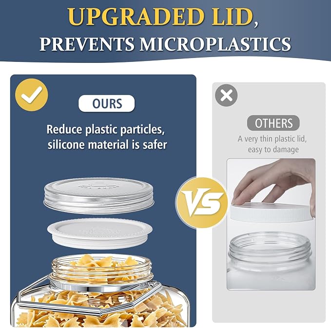 2 Gallon Glass Jar with Dual Seal Lid for Airtight Storage, 2 Pcs, Square | 4.3'' Wide Mouth Mason Jars, Screw Lid, Silicone Seal, Stainless Steel Handle, Non-slip Base, Glass Food Storage Containers