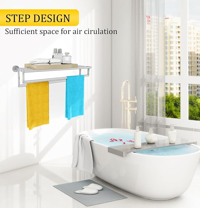 Double Towel Racks for Bathroom Towel Rack with Shelf, 24 Inch Double Towel Bars, Wall Mount Towel Holder for Bathroom Lavatory, Stainless Steel Towel Rod(Brushed Nickel)