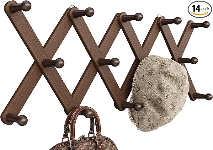 Accordion Wall Hanger, Hat Rack for Wall with 14 Coat Hooks, Expandable Hat Hangers Organizer, Vintage Decorative Coat Rack Wall Mount for Purse, Mug (Brown)