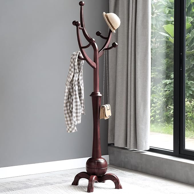 Bekrvio Freestanding Wood Coat Rack with Stable Sphere Base, Wine Red | 8 Hooks Tree Branch Design, Heavy Duty Standing Coat Hanger for Entryway, Hallway, Bedroom, Foyer; Hangs Coats, Hats, Bags