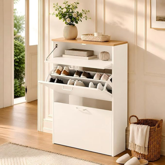 VINGLI Shoe Cabinet Storage for Entryway,White Small Narrow Shoe Rack,25" W | 8–12 Pairs,Skirting Board Cutout,Drop-Down Drawer,9.4"D Slim,Two-Tone Oak & White,2 Flip Drawers,Adjustable & Removable Shelf