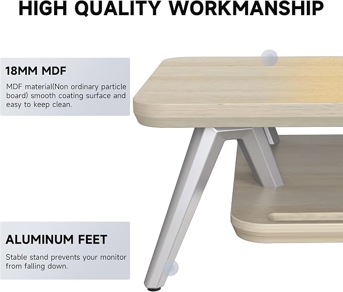 Fenge Dual Monitor Stand Riser, Wooden Desk Shelf with 2-Tier Storage | 42.5-Inch Wide, Sturdy Aluminum Legs, Built-In Phone & Tablet Slot, Desktop Organizer for Office Accessories