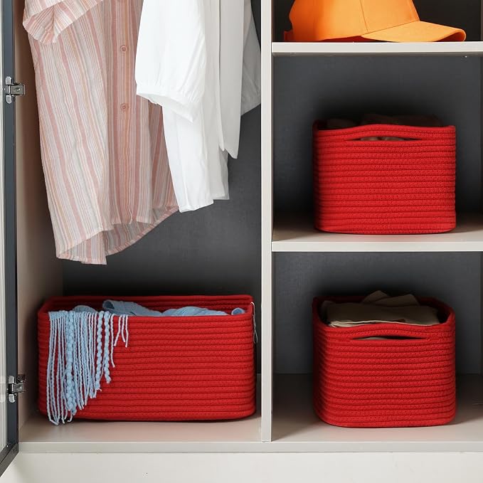 3-Pack Storage Baskets for Organizing | Woven Shelf Toy Basket | Rope Baskets for Gifts Empty | Closet Organizer Bins with Handles | Cube Decorative Box | 13.7×7.1×6.7” | Red