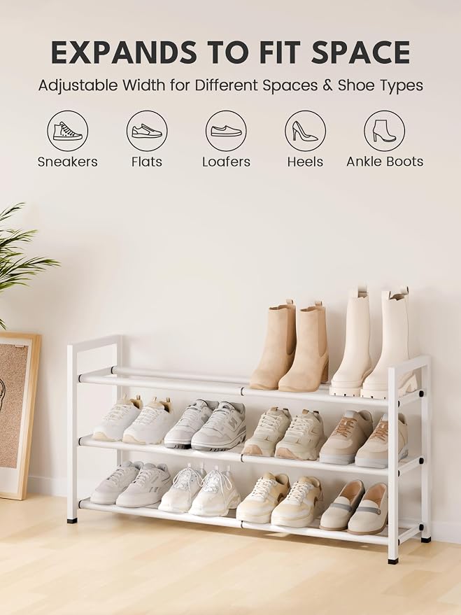 Bumusty 3 Tier Expandable Shoe Rack for Closet, White | 18"-33" Adjustable Shoe Rack for Entryway, Small Shoe Organizer for Dorm, Front Door, Sturdy Metal